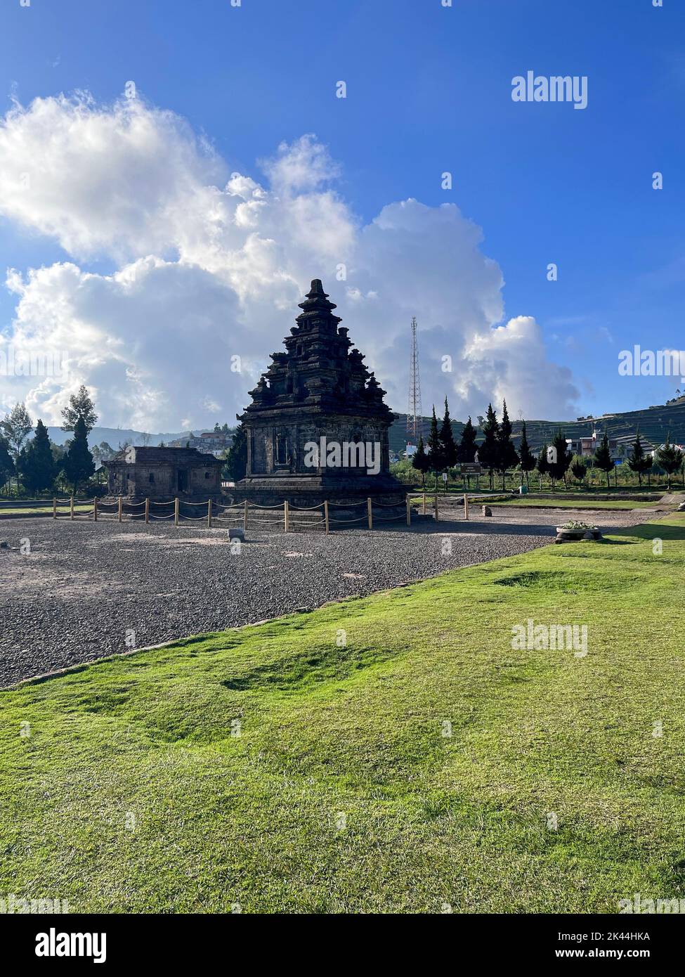 Local tourists visit Arjuna temple complex at Dieng Plateau. Wonosobo, Indonesia, September 30, 2022 Stock Photo