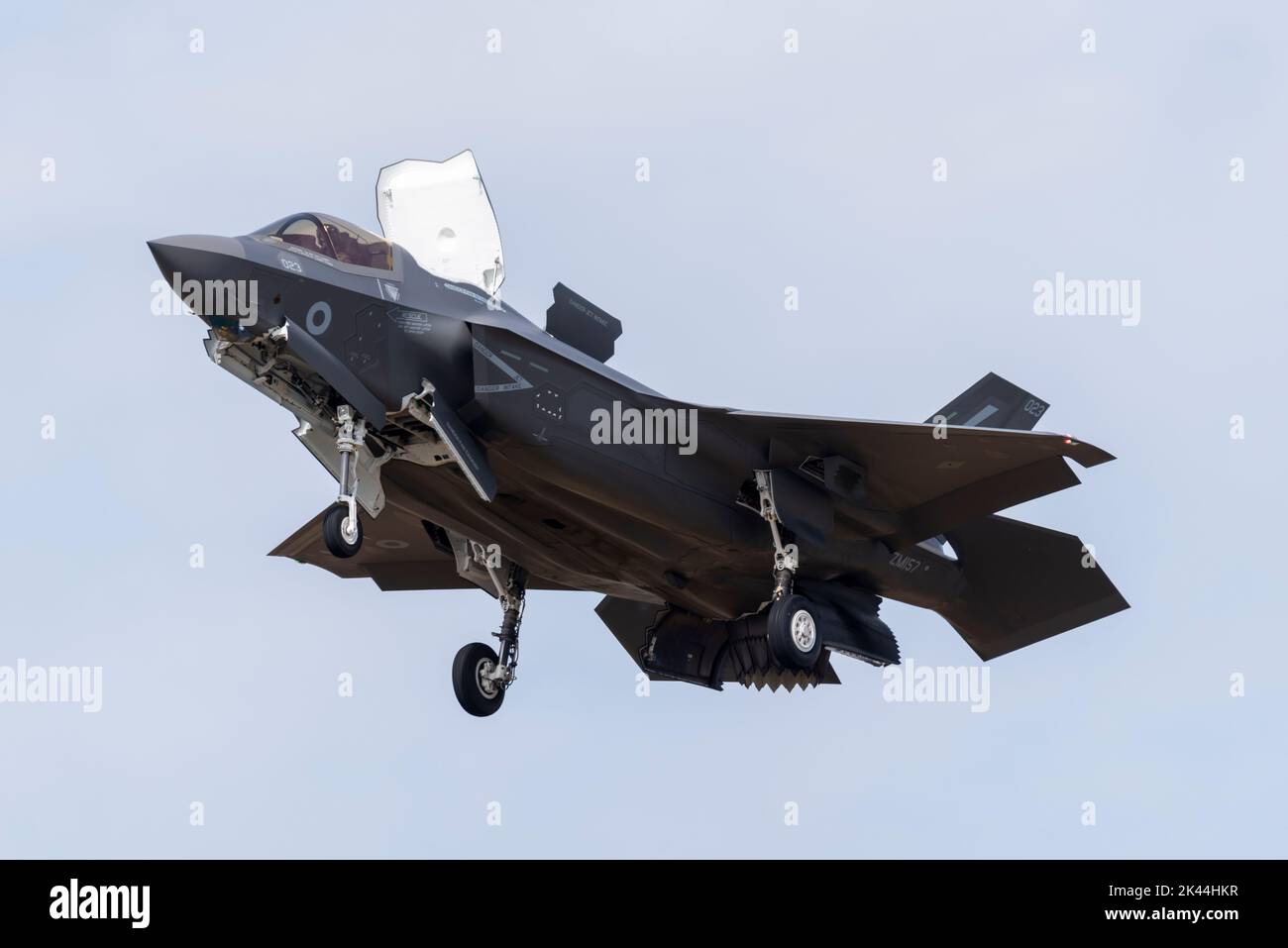 Royal Air Force F-35 Lightning II fighter plane in the hover at Royal International Air Tattoo airshow 2022. Hovering with inlet and outlet doors open Stock Photo