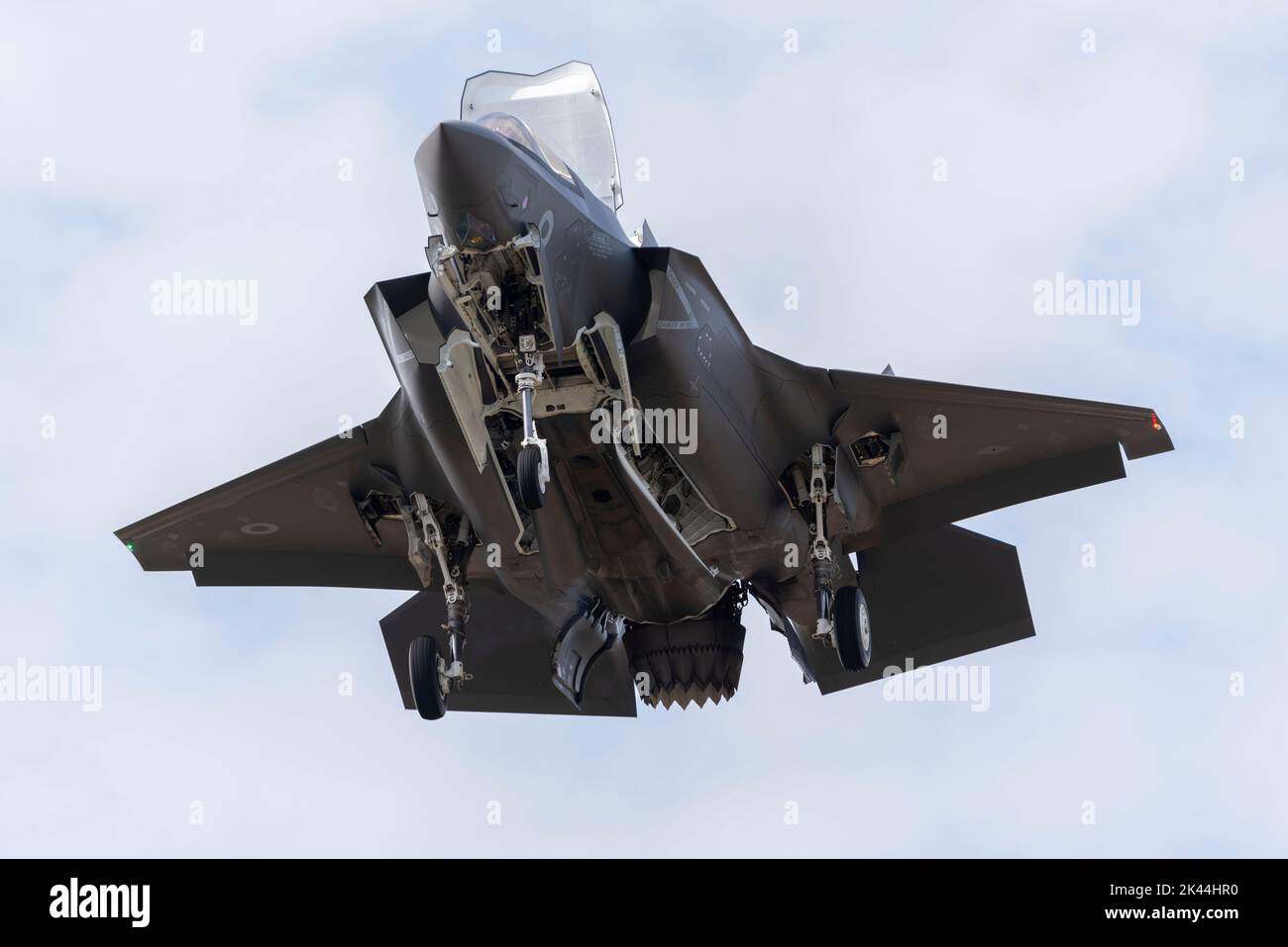 Royal Air Force F-35 Lightning II fighter plane in the hover at Royal International Air Tattoo airshow 2022. Hovering with inlet and outlet doors open Stock Photo