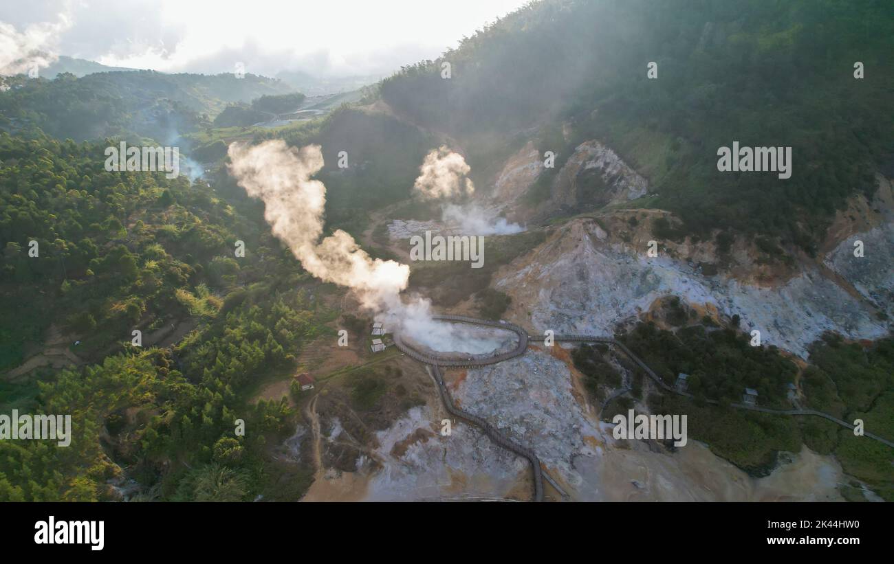 Aerial view of Sikidang Crater at Dieng Plateau, an Active Volcano Crater. Wonosobo, Indonesia, September 30, 2022 Stock Photo