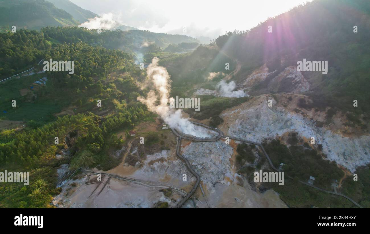 Aerial view of Sikidang Crater at Dieng Plateau, an Active Volcano Crater. Wonosobo, Indonesia, September 30, 2022 Stock Photo