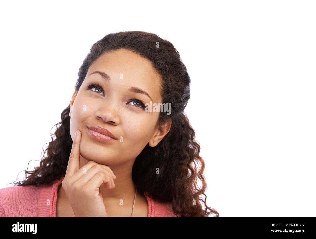 Woman finger chin looking up hi-res stock photography and images - Alamy