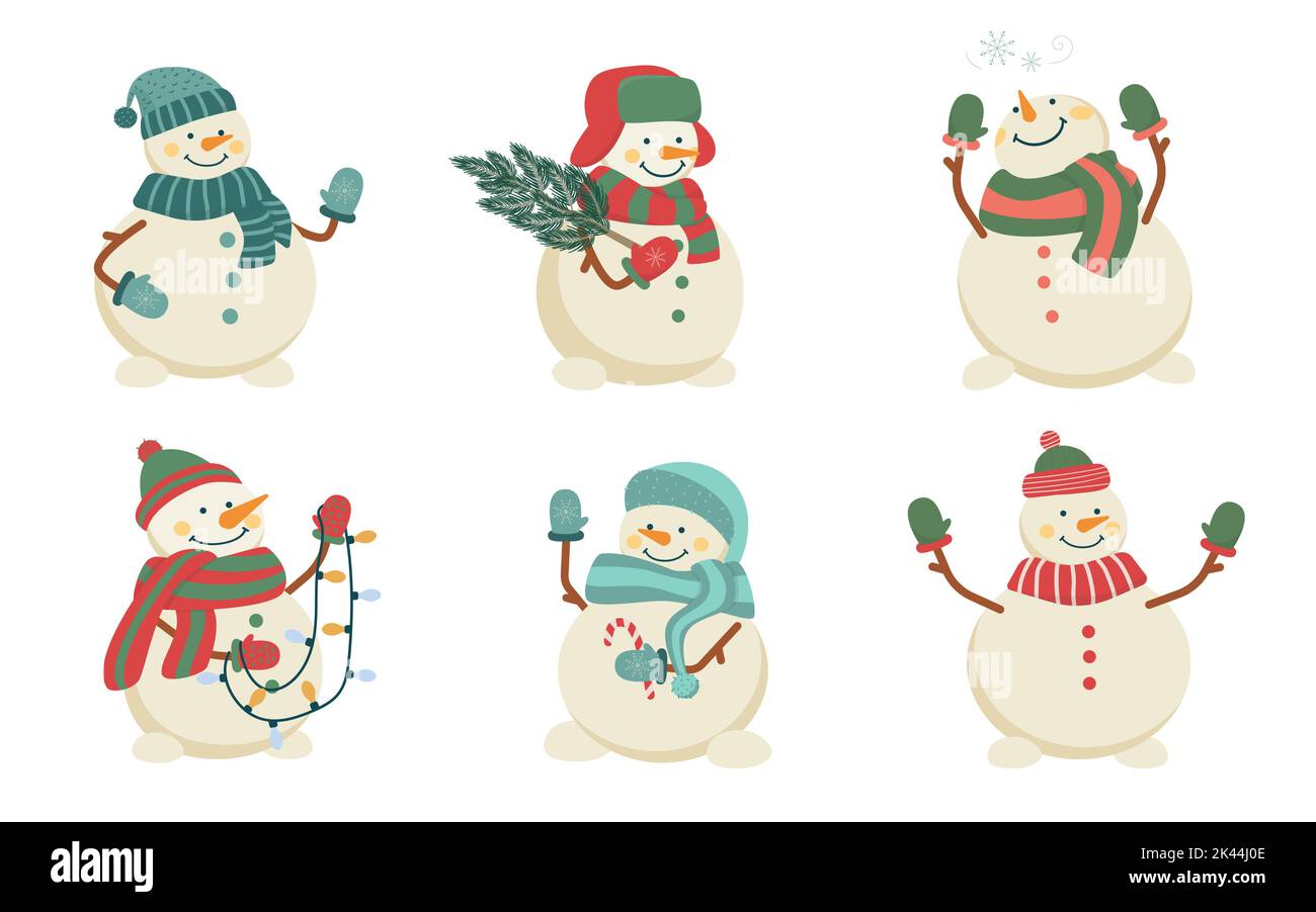 Set of cute Christmas snowmen in hats and scarves. Collection of funny characters. Isolated flat