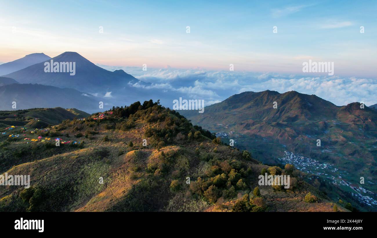 Aerial view of beauty mountain peaks Prau Dieng, Central Java and the ...