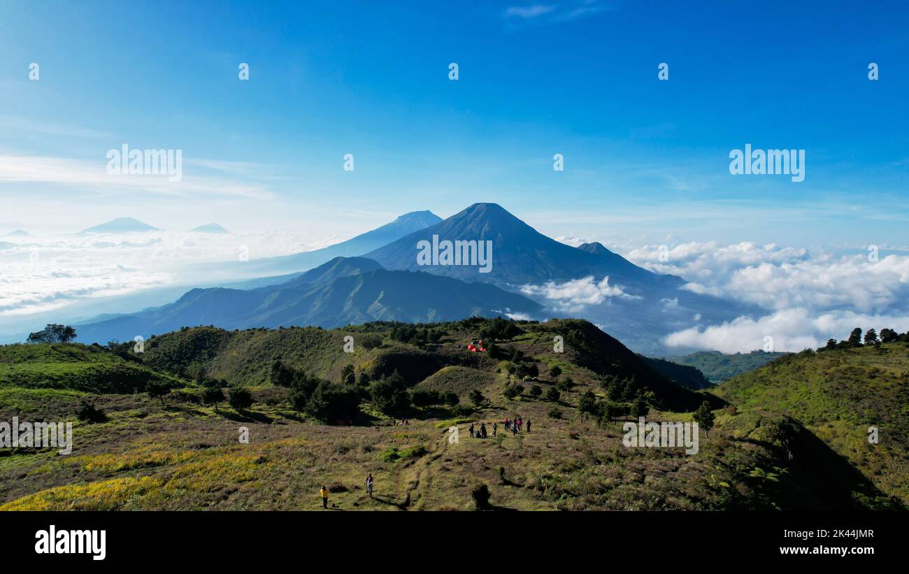 Aerial view of beauty mountain peaks Prau Dieng, Central Java and the ...