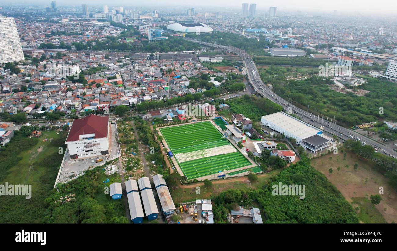 Aerial View of The largest stadium of Bekasi from drone and noise cloud. Bekasi, Indonesia, September 30, 2022 Stock Photo