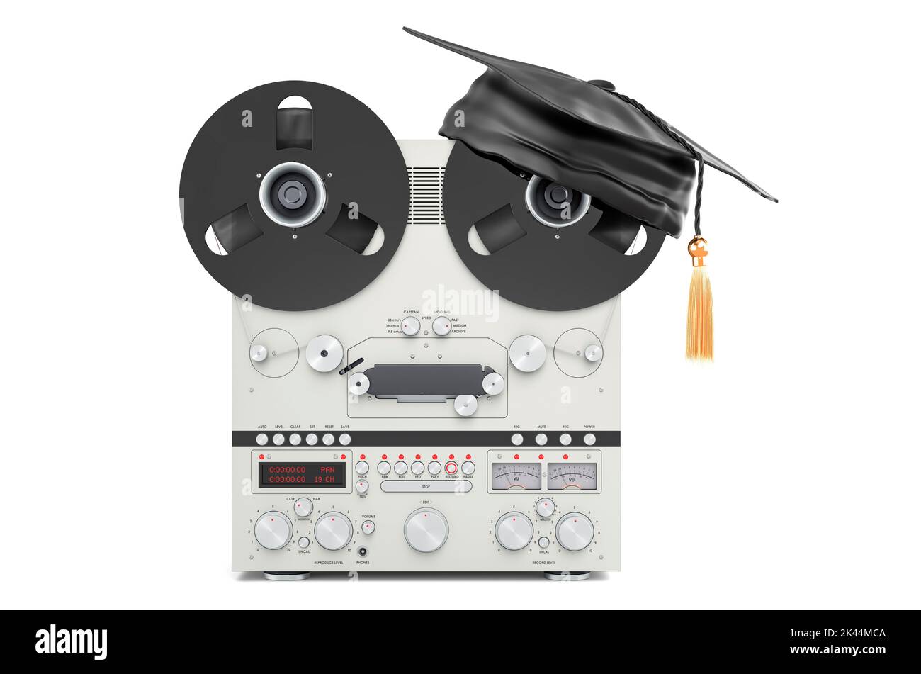 Retro reeltoreel tape recorder with graduation cap. 3D rendering