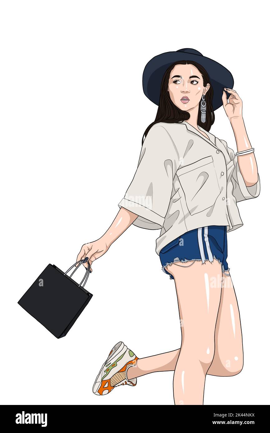 Urban fashion. Shopaholic lifestyle. Black Friday shopping. Summer sale. Confident cartoon woman walking with purchase bag isolated on white art illus Stock Photo