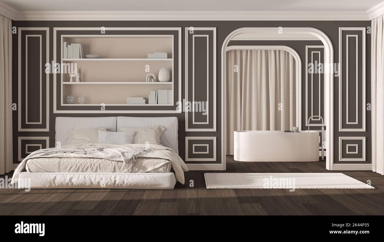 Classic bedroom in white and dark tones and bathroom. Modern bed and ...