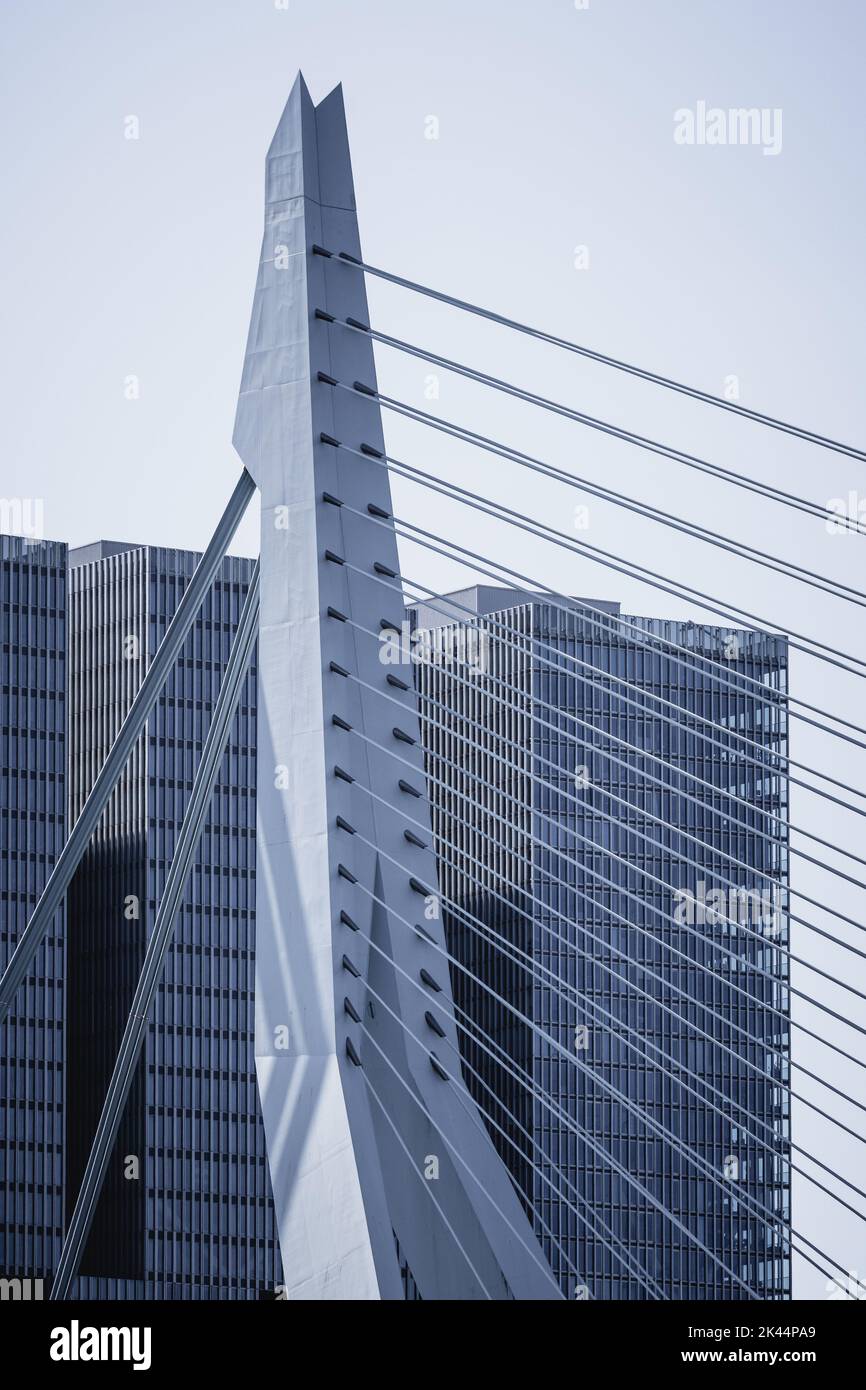Rotterdam, Netherlands - May 8, 2022: De Rotterdam Skyscraper designed by Rem Koolhaas architect and Erasmusbrug bridge against sky. Contemporary arch Stock Photo