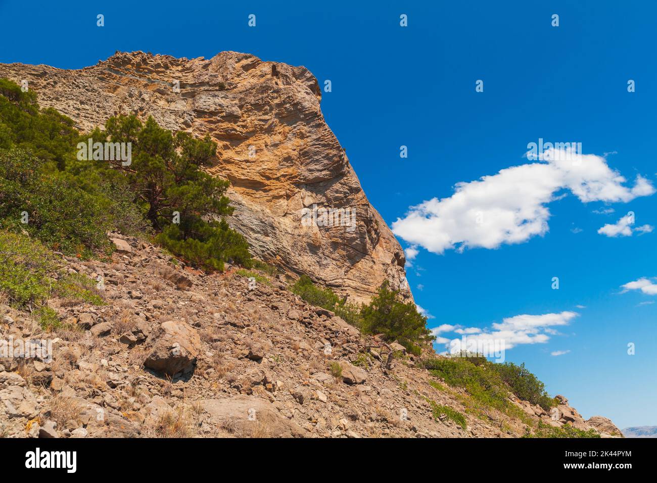 Summer Crimean landscape with coastal rock. Novyi Svit, Sudak Municipality, Crimea Stock Photo