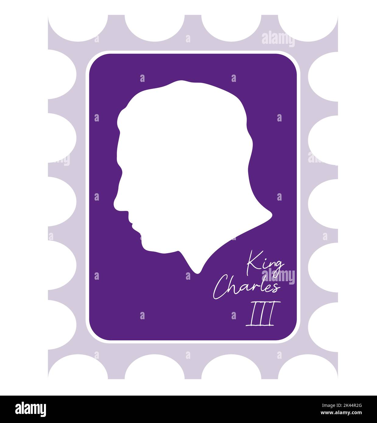 British monarch. Postage stamp with silhouette of King Charles III. Head side view profile silhouette Prince of Wales. Vector illustration Stock Vector
