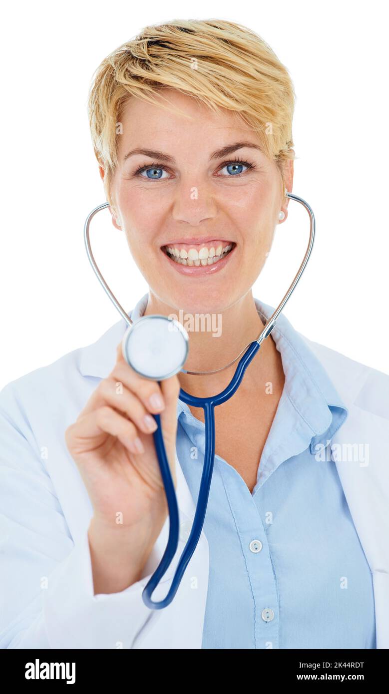 Breathe in. A young female doctor holding a stethoscope up to the