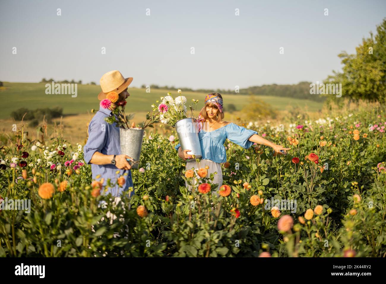 Man and woman pick up flowers at farm outdoors Stock Photo Alamy