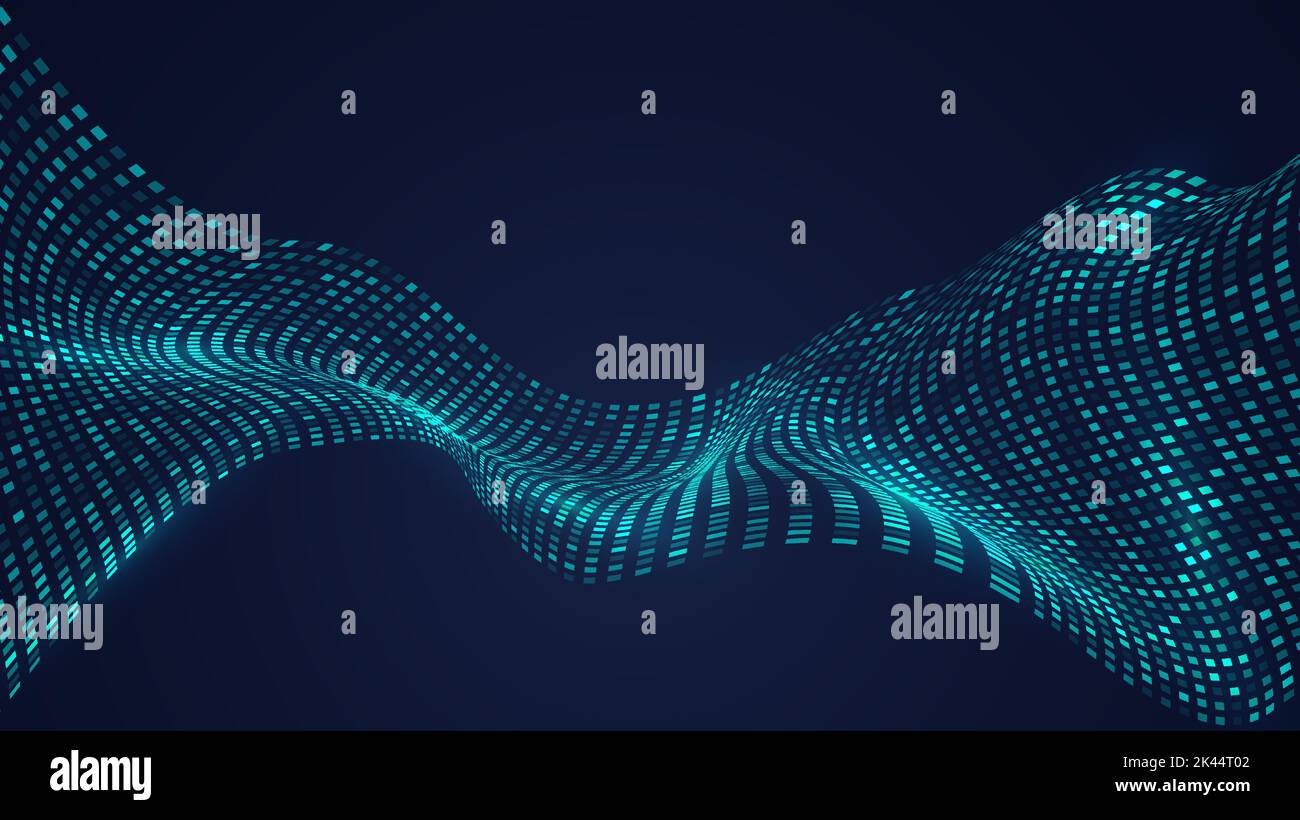 Abstract technology digital futuristic big data concept blue squares pixel pattern elements distort with lighting effect on dark background. Vector il Stock Vector