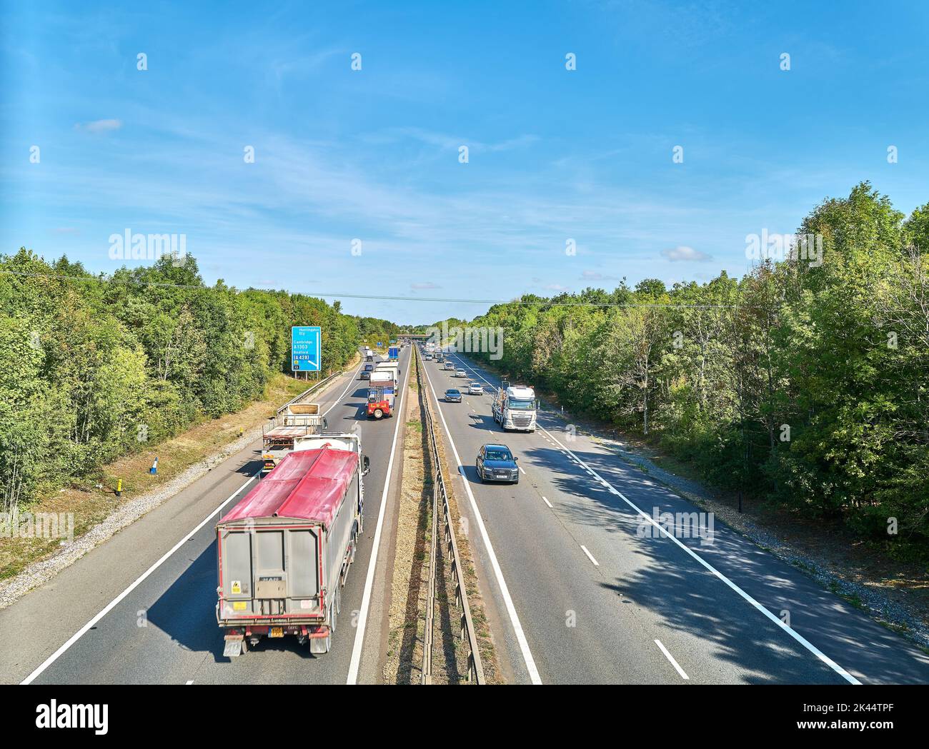 Cars And Lorries On The M11 Motorway Near Cambridge England Stock cars-and-lorries-on-the-m11-motorway-near-cambridge-england-stock