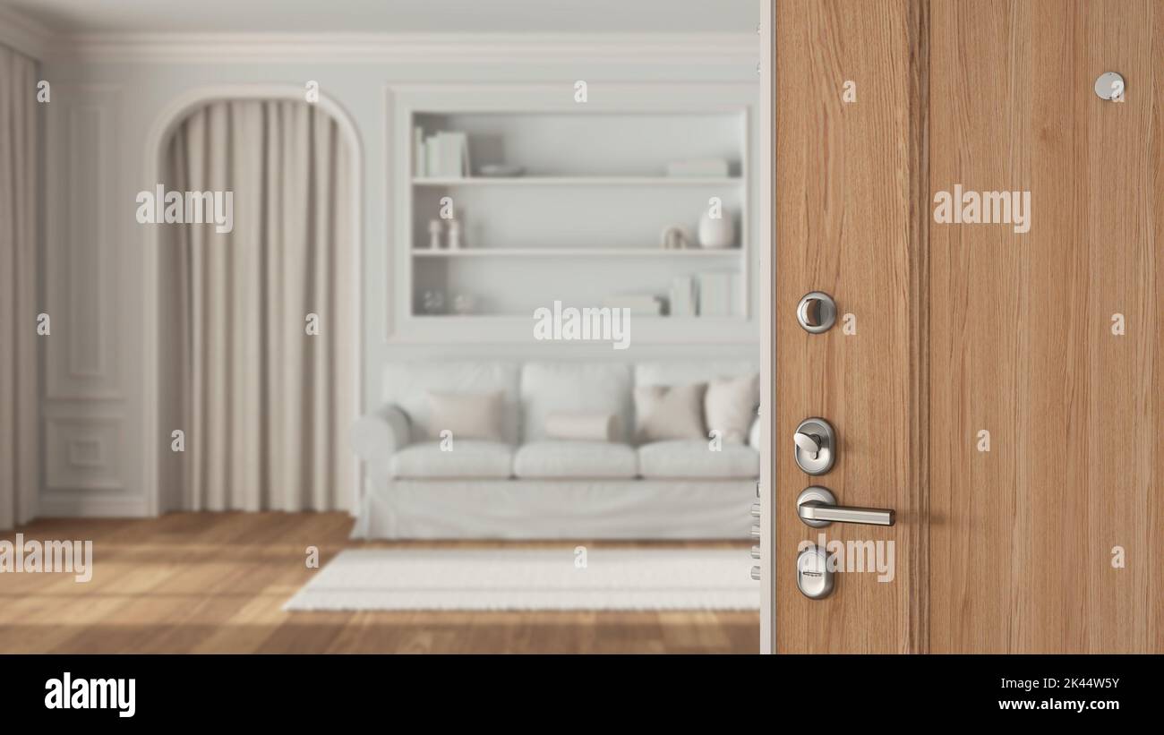 Wooden entrance door opening on classic living room with parquet and