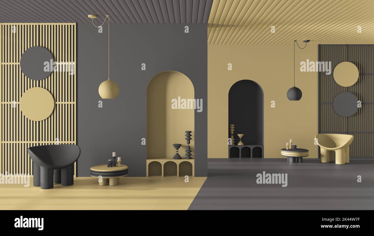 Pastel yellow and gray colors and metaphysical abstract interior design