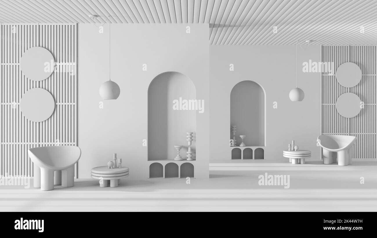 Total white project draft, metaphysical abstract interior design for flat living room, waiting