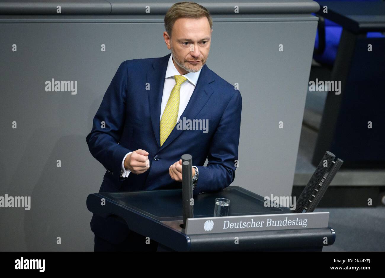 Berlin, Germany. 30th Sep, 2022. Christian Lindner (FDP), Federal Minister of Finance, speaks at the plenary session in the German Bundestag. The main topics of the 58th session of the 20th legislative period are the reduction of value-added tax on natural gas, the tax-free employer lump sum to cushion inflation and a topical hour on the subject of 'Germany one year after the Bundestag elections'. Credit: Bernd von Jutrczenka/dpa/Alamy Live News Stock Photo