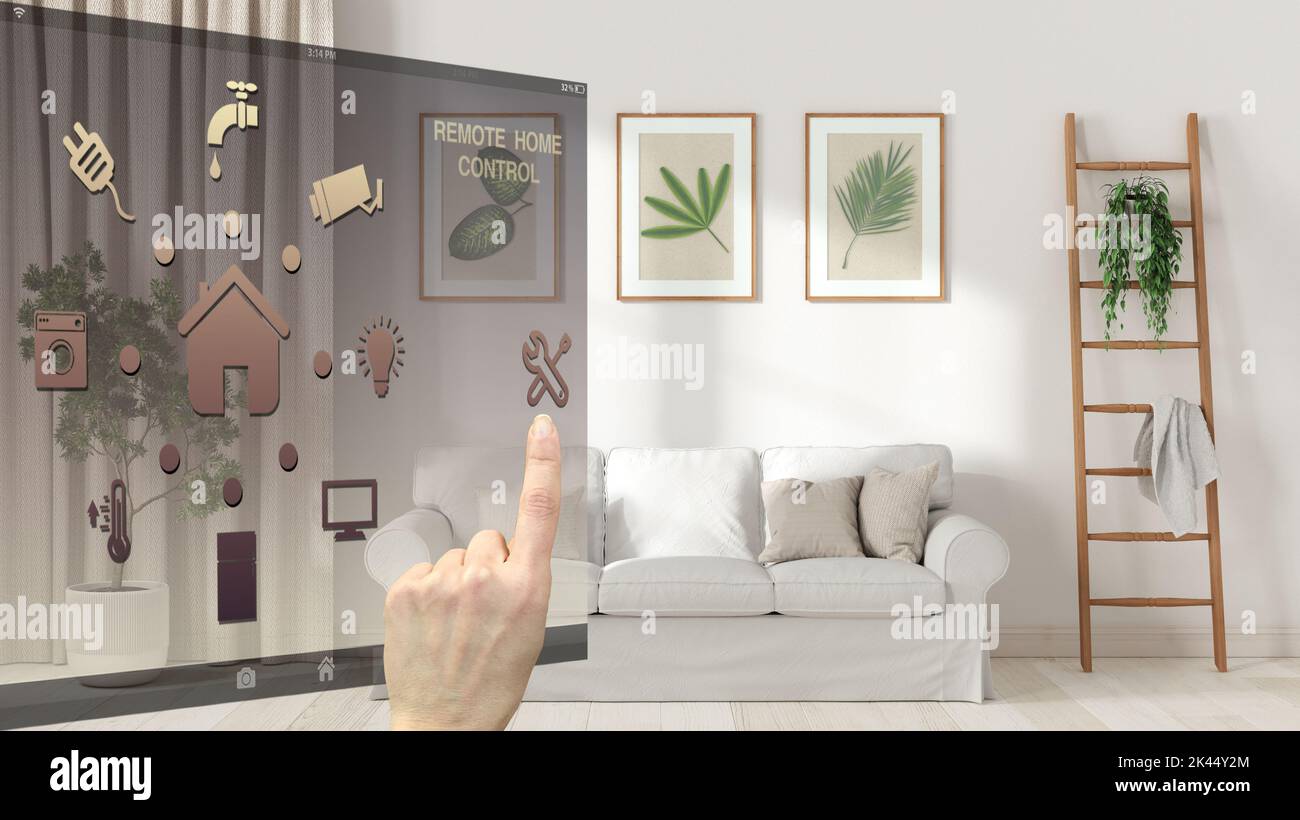 Smart home control concept, hand controlling digital interface from ...