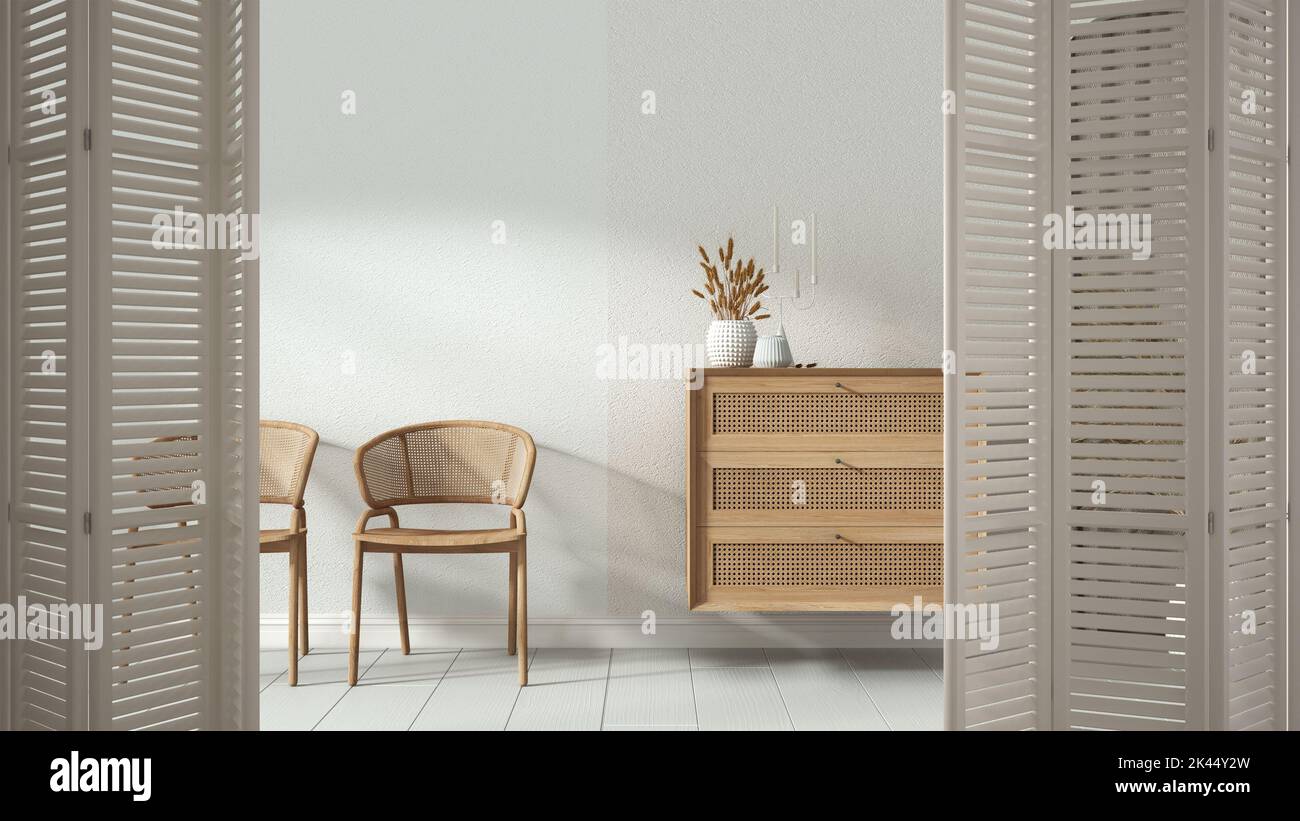 White folding door opening on minimalist wooden living room with rattan