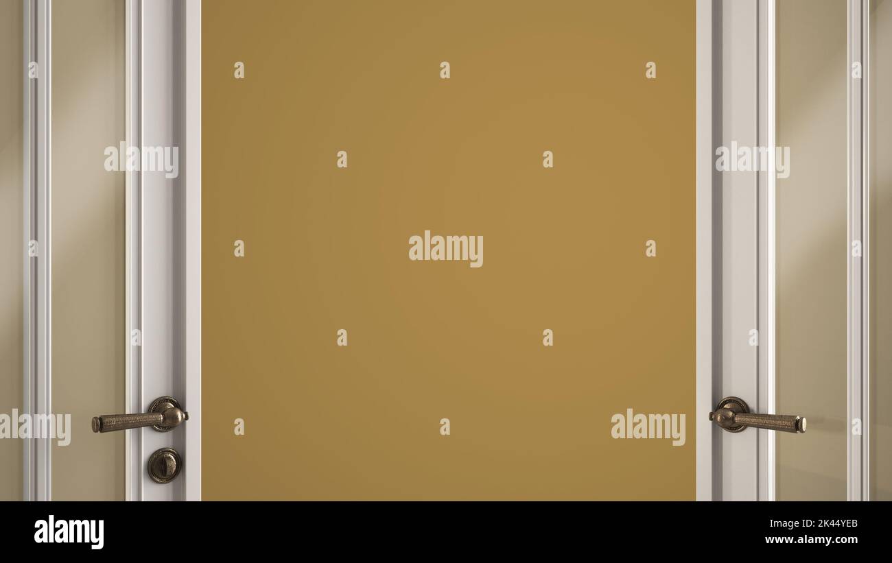 Classic white glass door opening on empty yellow background with copy
