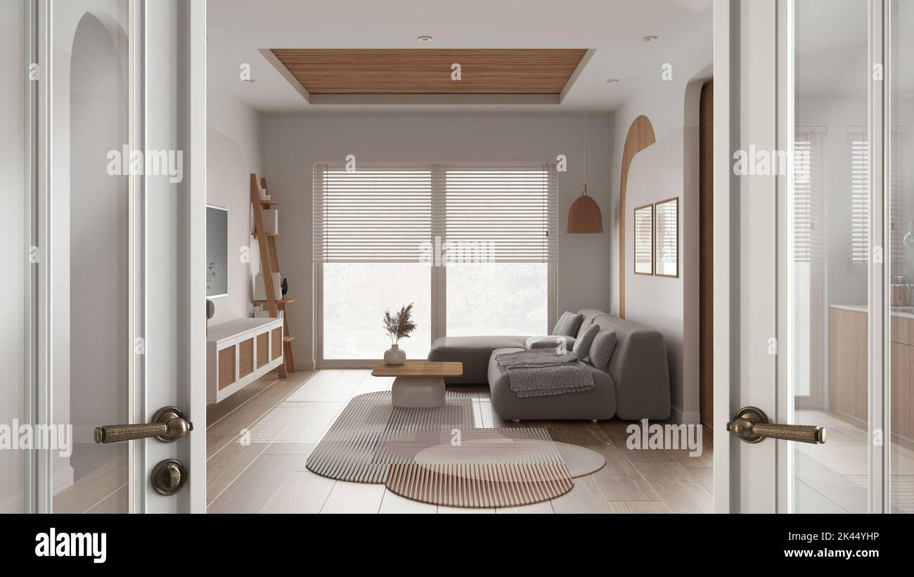 Picture of Classic white glass door opening on modern living room with sofa and ...