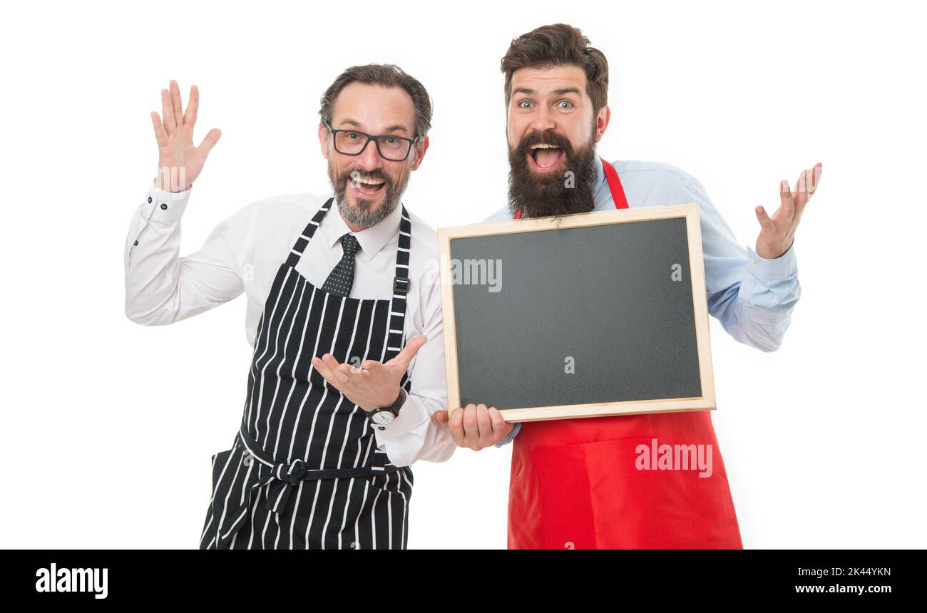 Culinary expert. catering business. welcome on board. cafe and restaurant opening. bearded men with blackboard, copy space. menu planning. happy chef Stock Photo