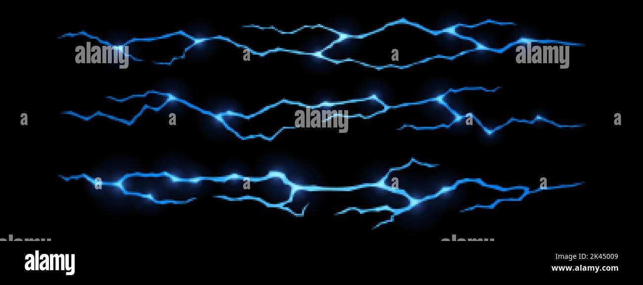 Magic glow in ground cracks, blue glowing texture in cracking holes or ruined land surface. Destruction, split, damage fissure effect after disaster, Stock Vector