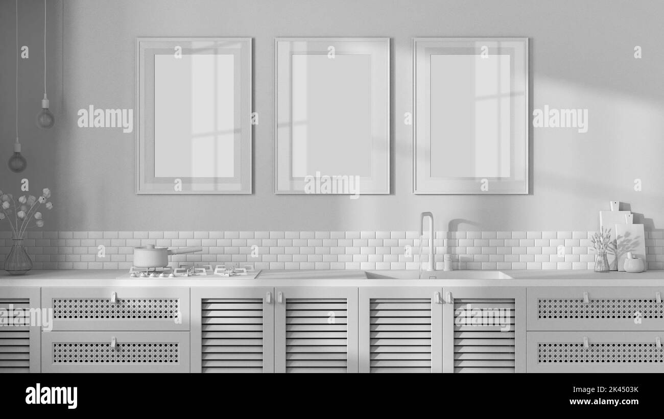 Total white project draft, colonial wooden kitchen, close up, front