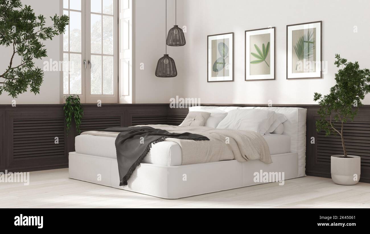 Modern bedroom in white and dark tones. Double soft bed, wooden wall ...