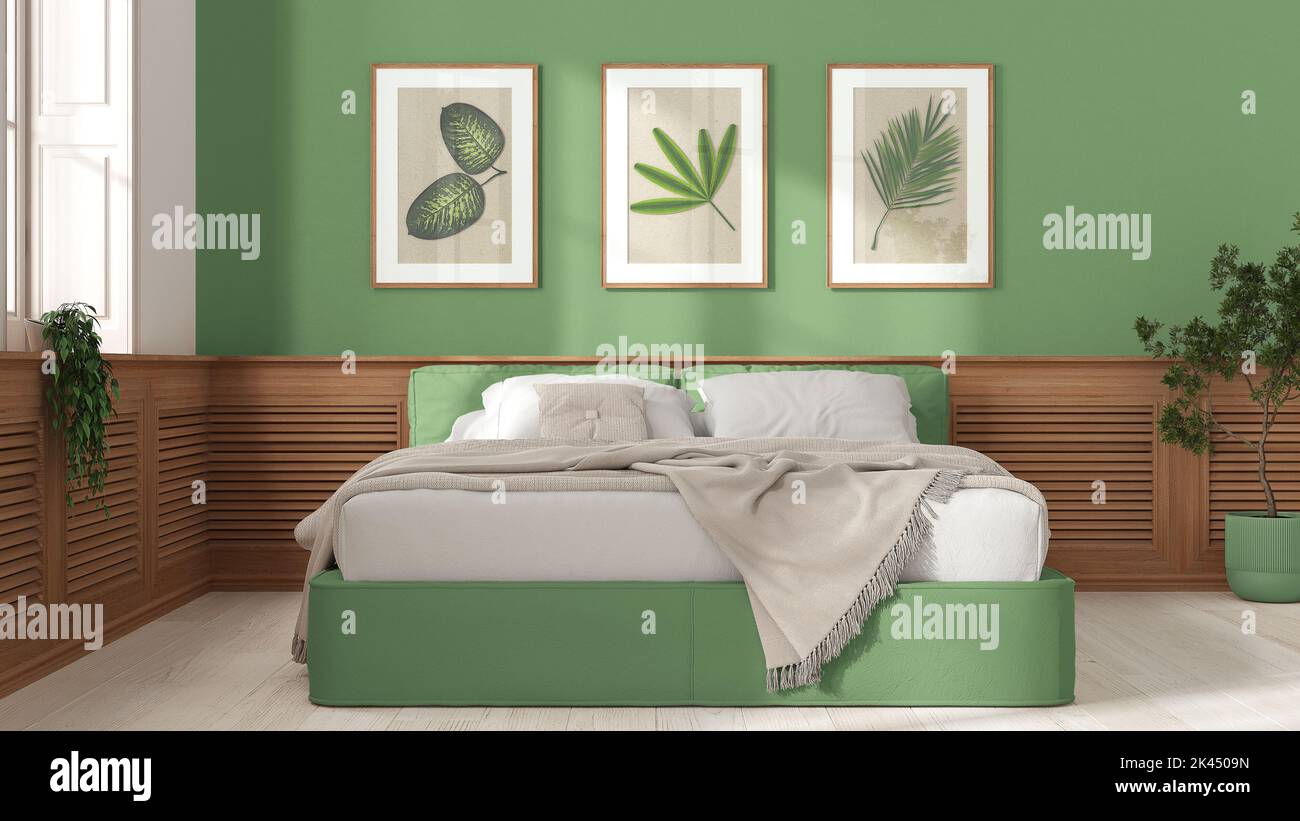 Modern bedroom in white and green tones. Bed, wooden wall panel with ...