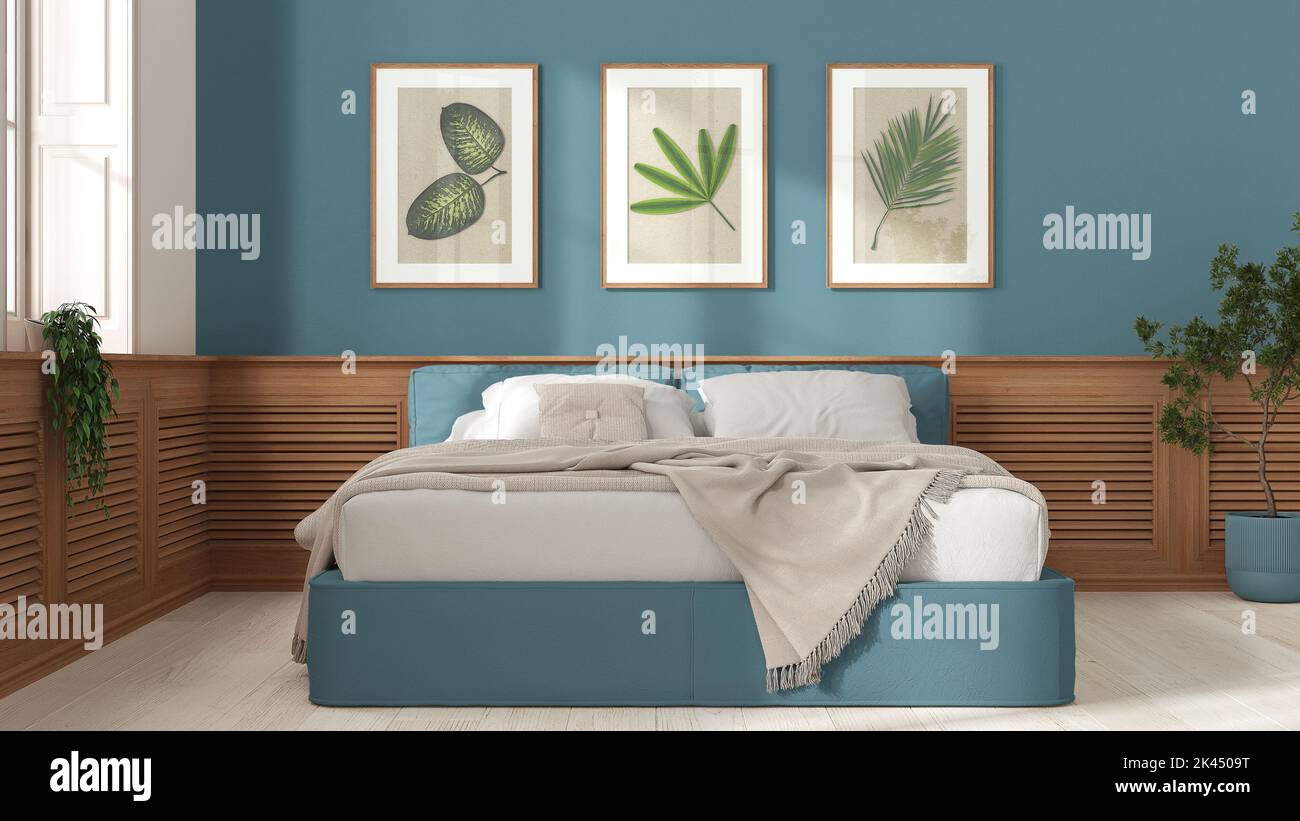 Modern bedroom in white and blue tones. Bed, wooden wall panel with ...