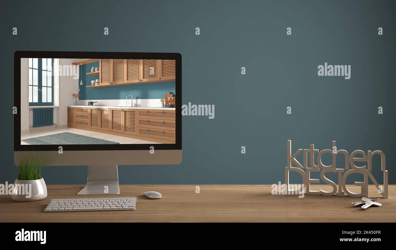 Architect designer project concept, wooden table with house keys, 3D ...