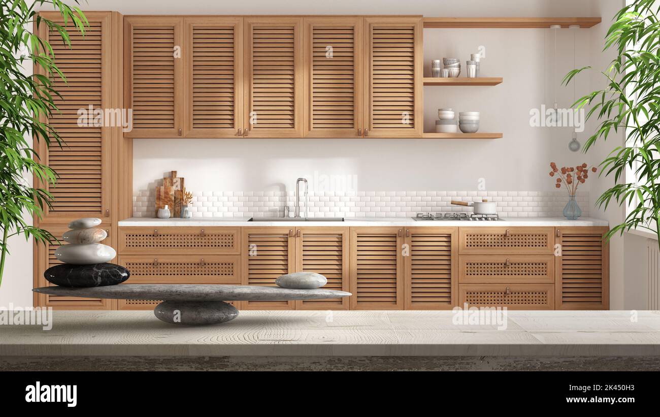 Wooden vintage table or shelf with stone balance, over scandinavian