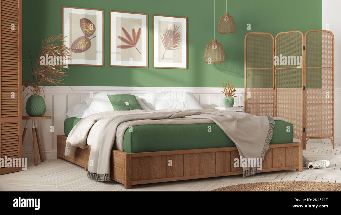 Wooden scandinavian bedroom in white and green tones. Double bed with ...