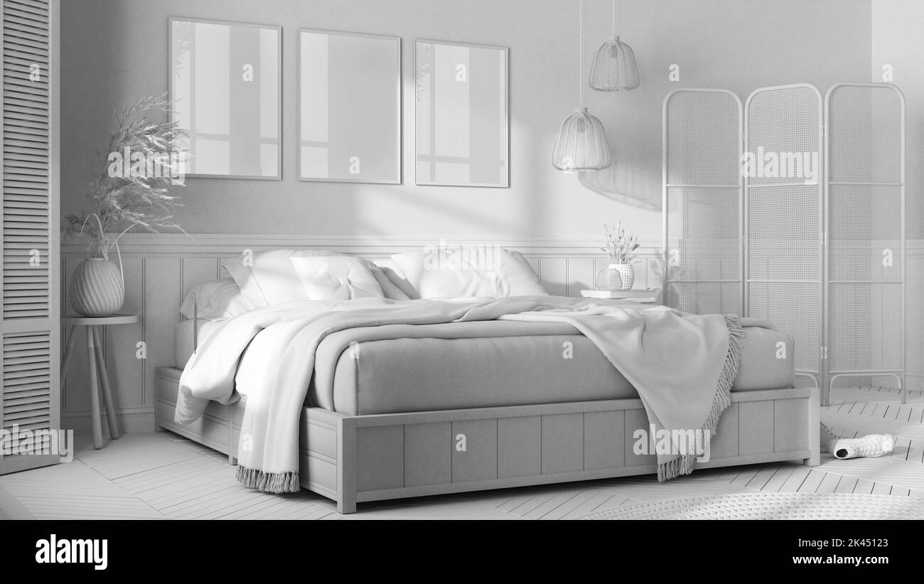 Total white project draft, wooden scandinavian bedroom. Double bed with ...