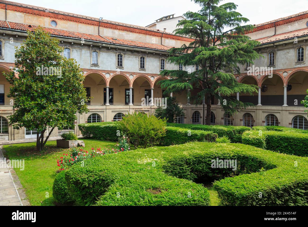 MILAN, ITALY - MAY 19, 2018: It is a cloister of the former medieval Benedictine monastery, in which the Museum of Science and Technology of Leonardo Stock Photo