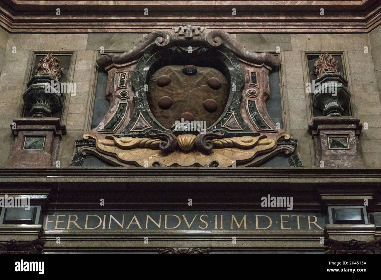 FLORENCE, ITALY - SEPTEMBER 13, 2018: This is the emblem of the Medici over the tomb of the Duke Ferdinand II in the interior of the Chapel Of Princes Stock Photo