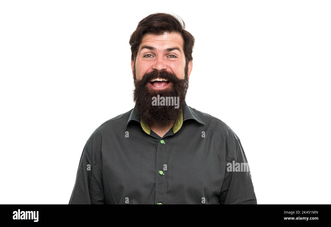Great beard style that looks fantastic. Happy hipster isolated on white. Bearded man smile in casual style. Beard grooming routine. Skincare products Stock Photo