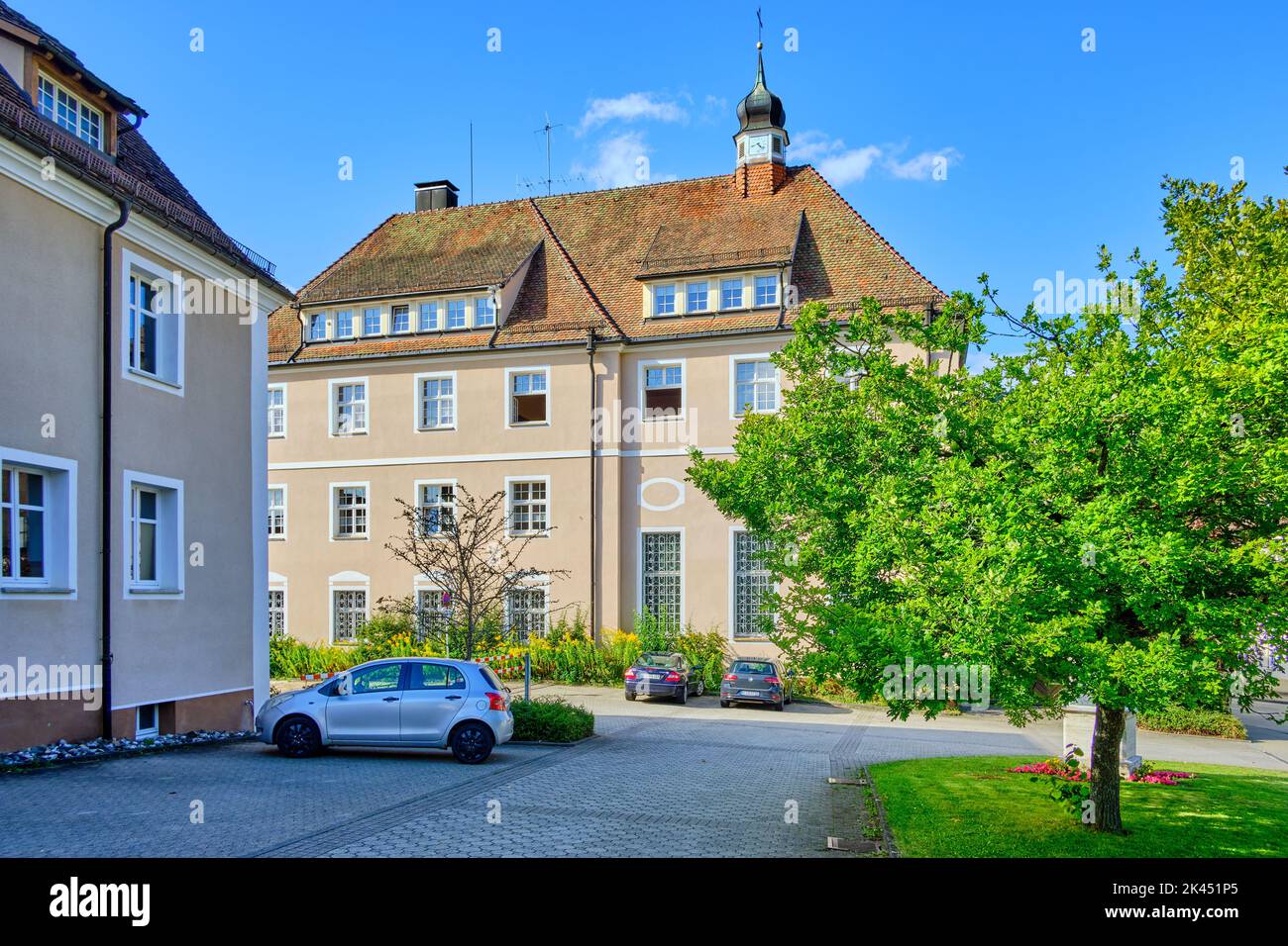 Beuron, Baden-Württemberg, Germany, Europe, August 27, 2021: Vehicles park in front of St. Martin's Archabbey of the Beuron Benedictine Monastery. Stock Photo