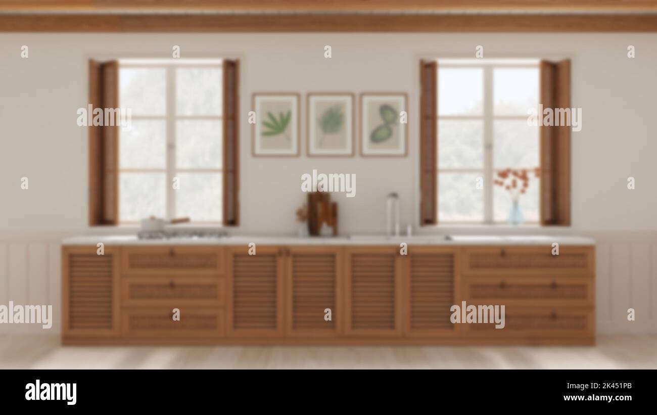 Blurred background, provencal kitchen background with wooden and rattan