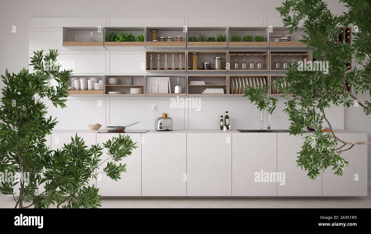 Green summer or spring leaves, tree branch over interior design scene ...