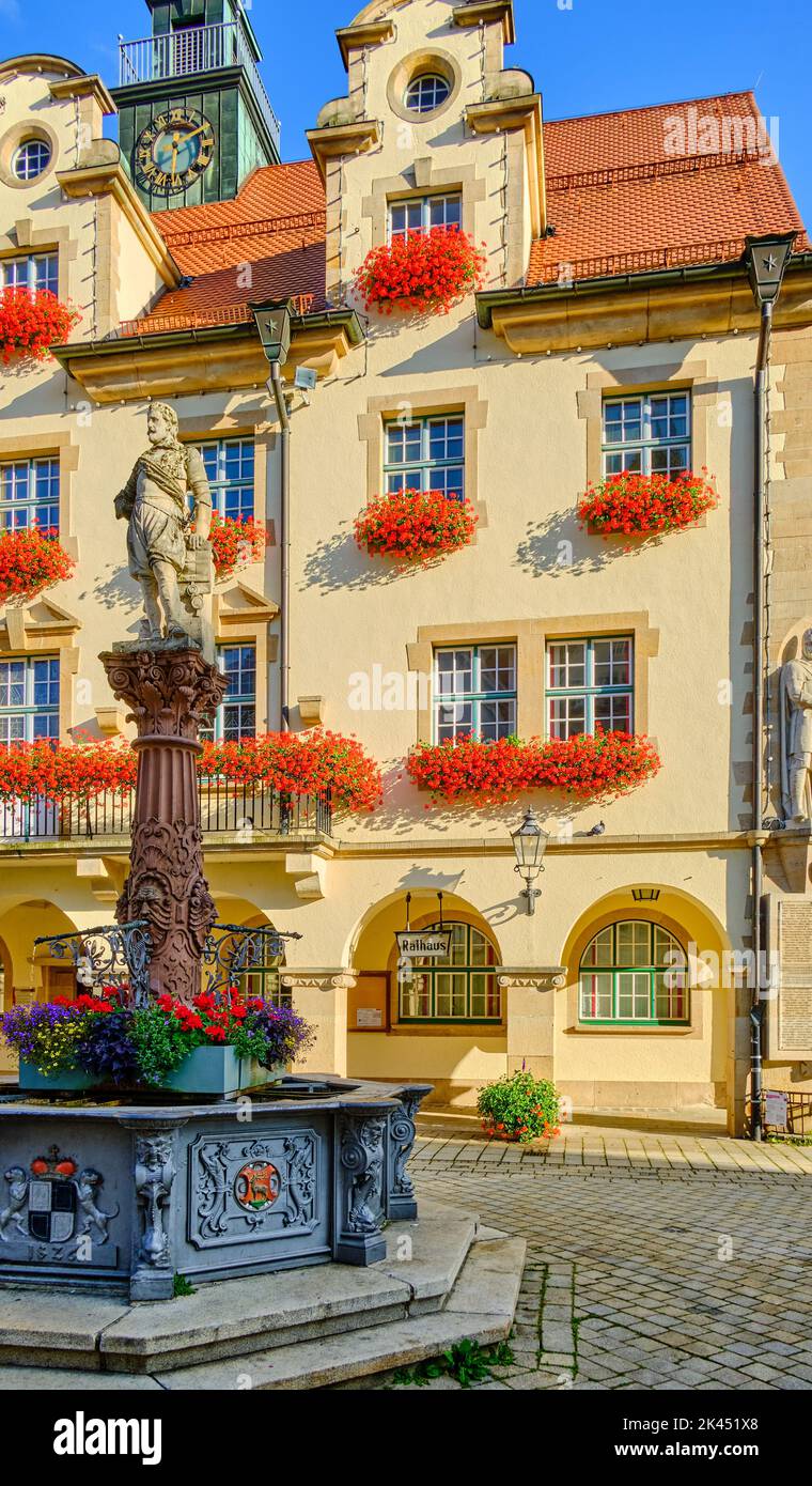Historic Town Hall and Market Fountain of Sigmaringen, Baden-Wurttemberg, Germany, Europe. Historisches Rathaus und Marktbrunnen Sigmaringen, Baden-Wü Stock Photo