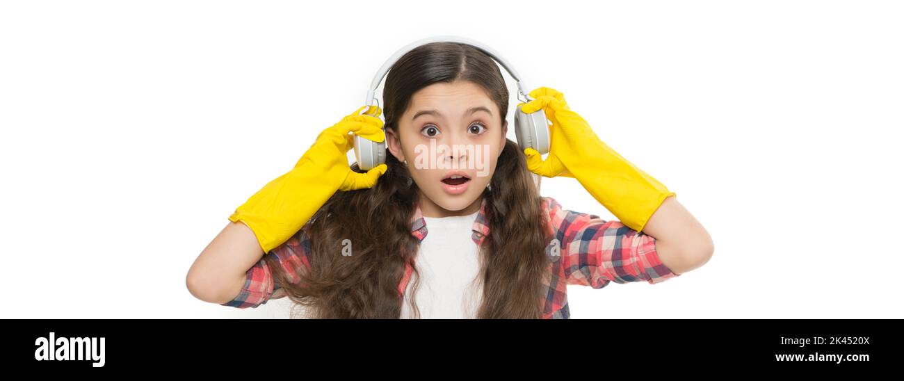 Cleaning routine. Girl wear headphones and gloves for cleaning. Listening music and cleaning house. Instead of procrastinating try make cleaning Stock Photo