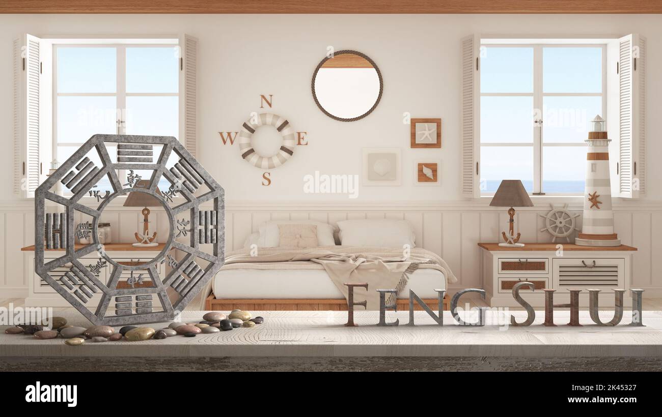 Wooden vintage table shelf with ba gua and 3d letters making the word feng shui over bedroom