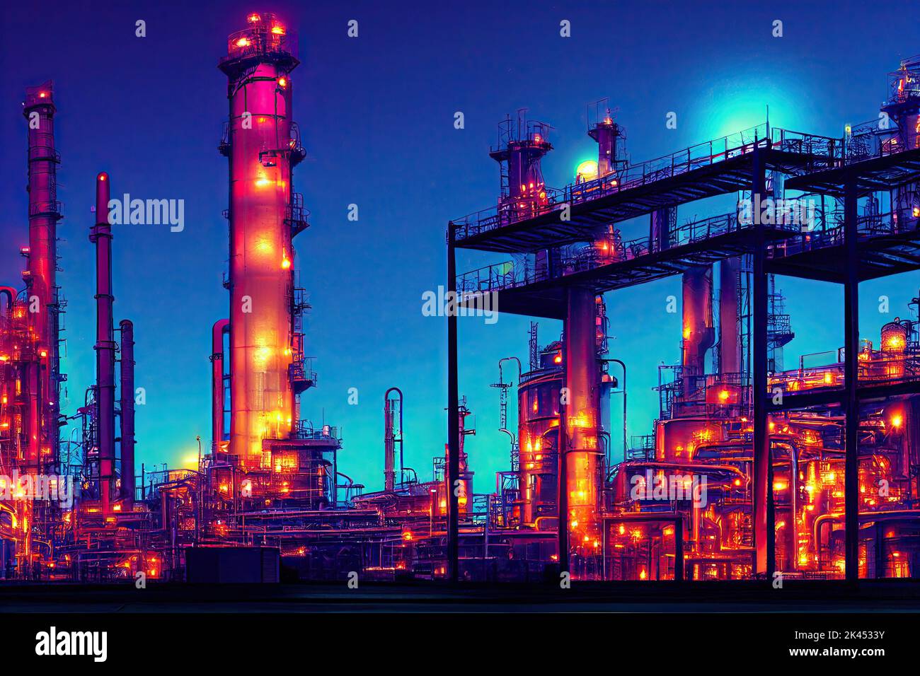 A brightly lit chemical factory is pictured at night, with colourful neon lights. The