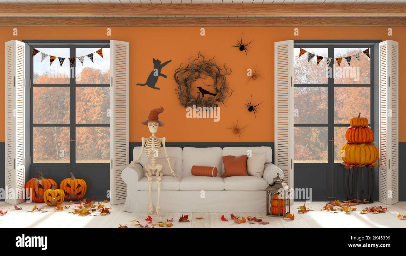 Halloween interior design, living room with skeleton sitting on the ...