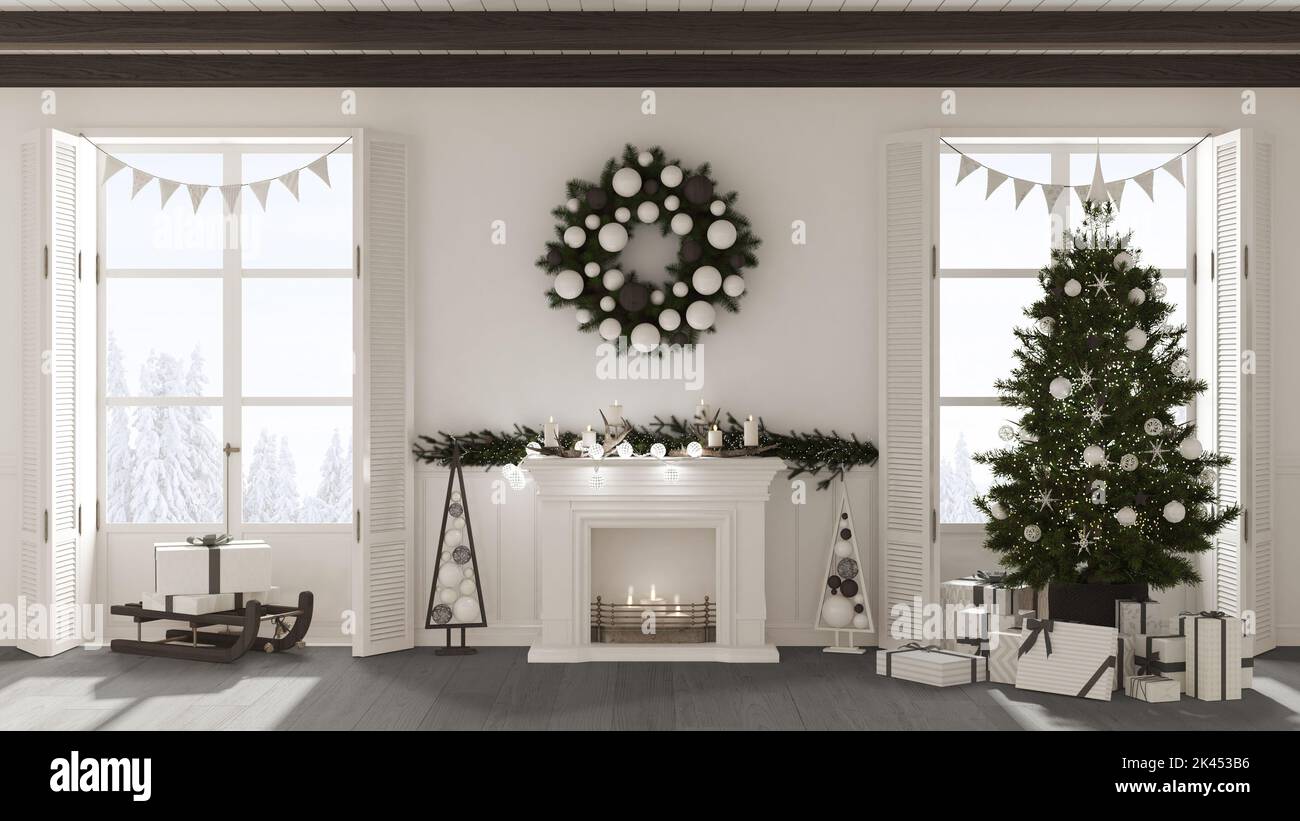 Christmas interior design, living room with fireplace in white and dark ...